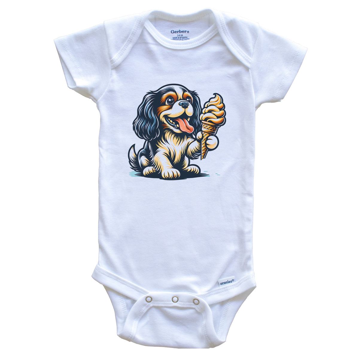 King Charles Spaniel Eating Ice Cream Cone Cute Dog Baby Bodysuit