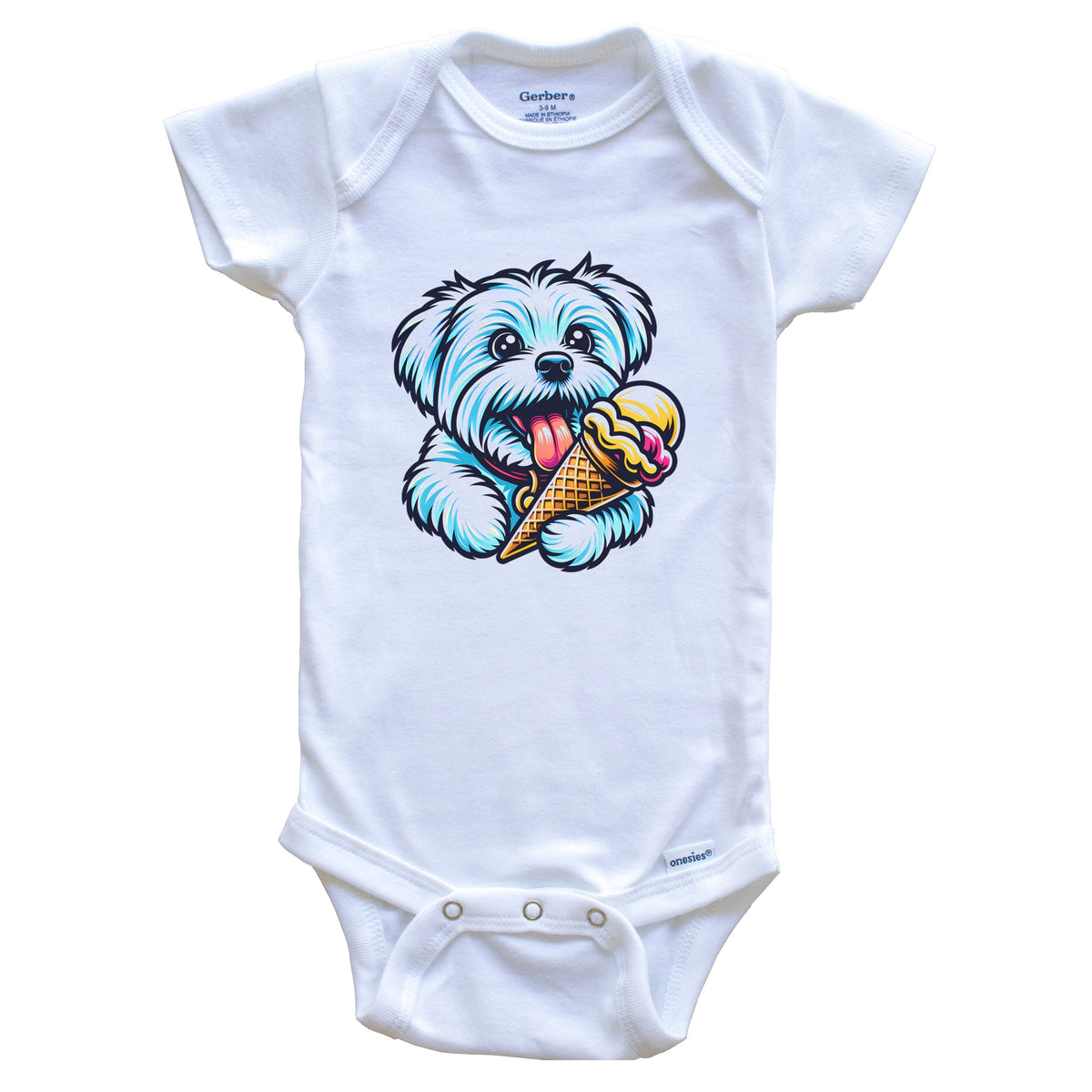 Maltese Eating Ice Cream Cone Cute Dog Baby Bodysuit