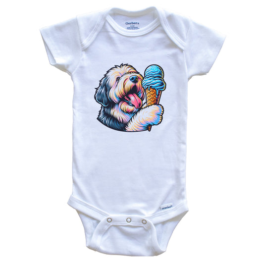 Old English Sheepdog Eating Ice Cream Cone Cute Dog Baby Bodysuit