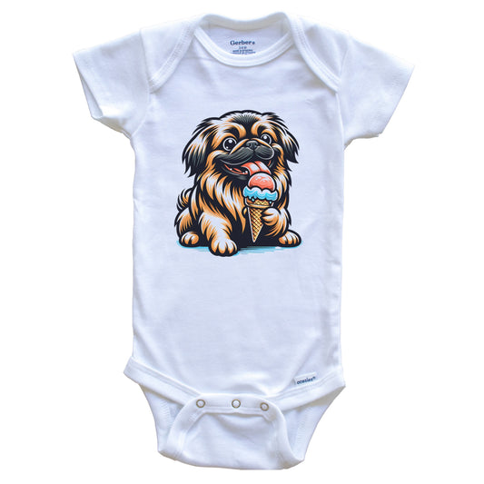 Pekingese Eating Ice Cream Cone Cute Dog Baby Bodysuit