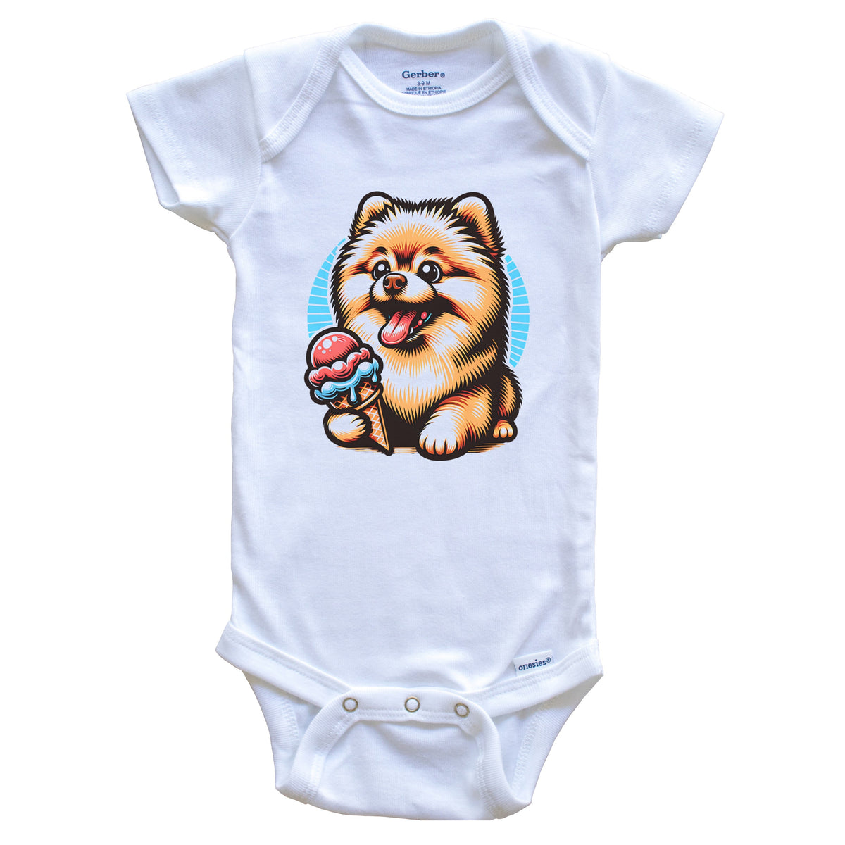 Pomeranian Eating Ice Cream Cone Cute Dog Baby Bodysuit