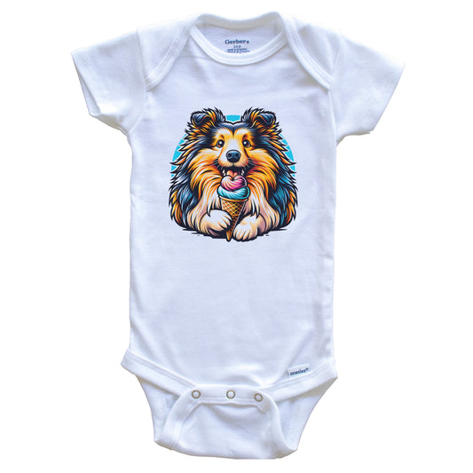 Shetland Sheepdog Eating Ice Cream Cone Cute Dog Baby Bodysuit