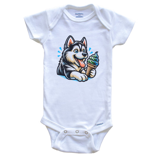 Siberian Husky Eating Ice Cream Cone Cute Dog Baby Bodysuit