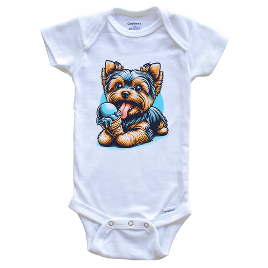 Yorkshire Terrier Eating Ice Cream Cone Cute Dog Baby Bodysuit
