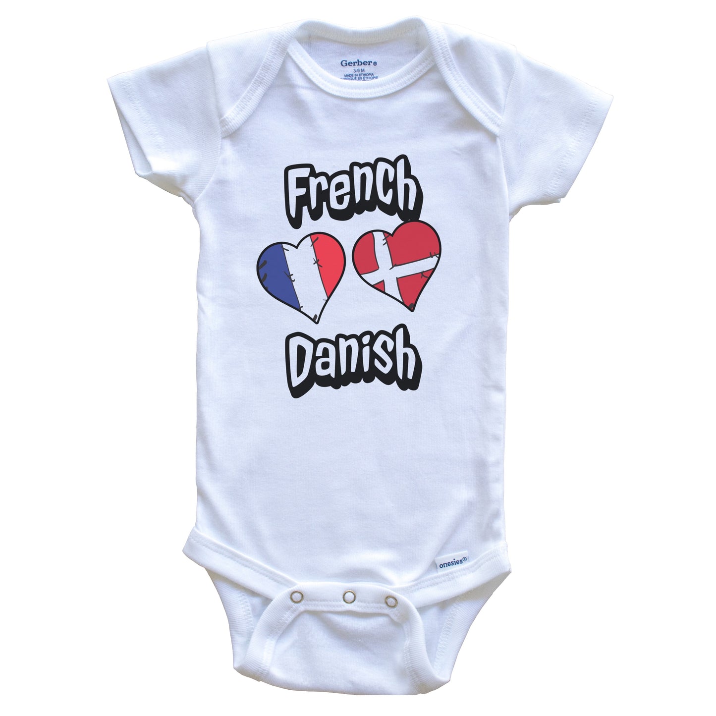 French Danish Flag Heart Combo France Denmark Baby Bodysuit