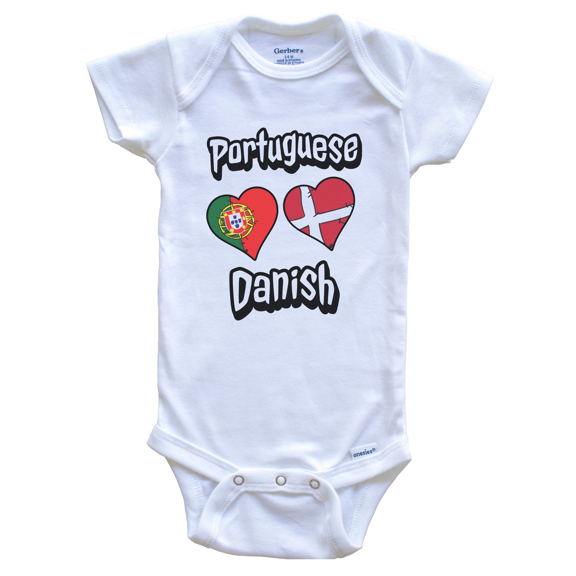 Portuguese Danish Flag Heart Combo Portugal Denmark Baby Bodysuit