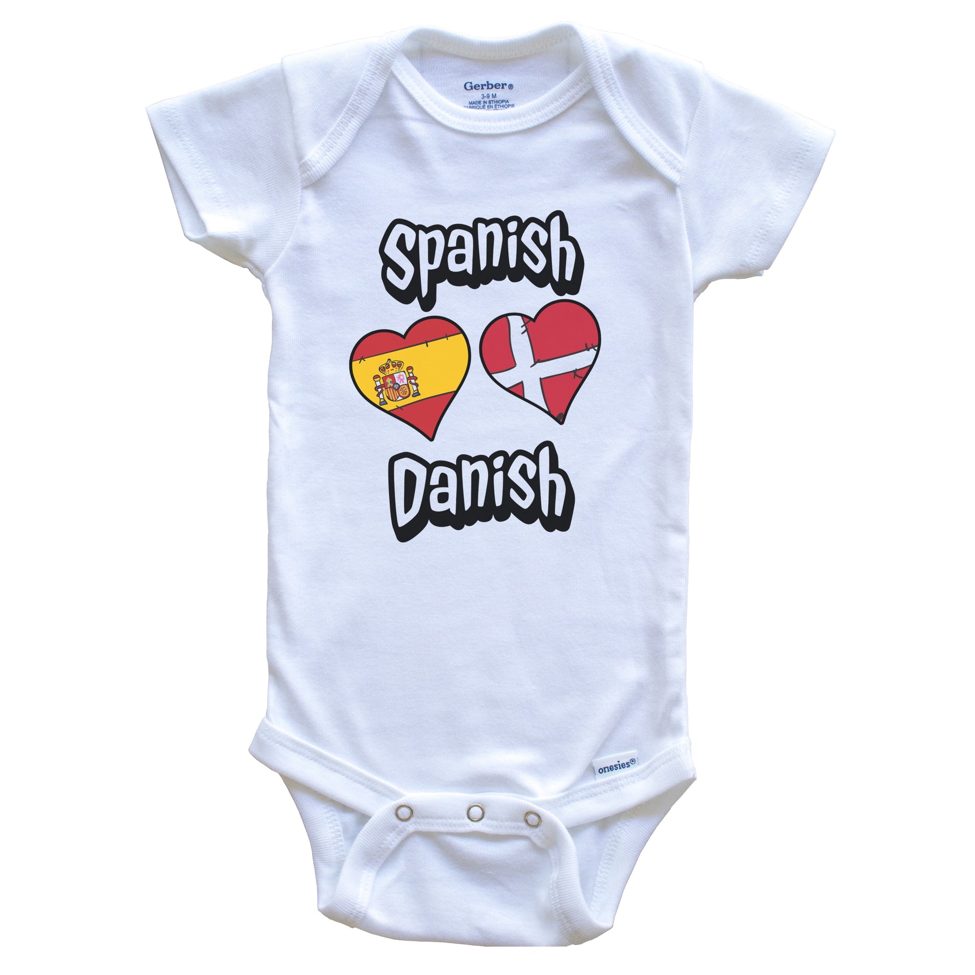 Spanish Danish Flag Heart Combo Spain Denmark Baby Bodysuit