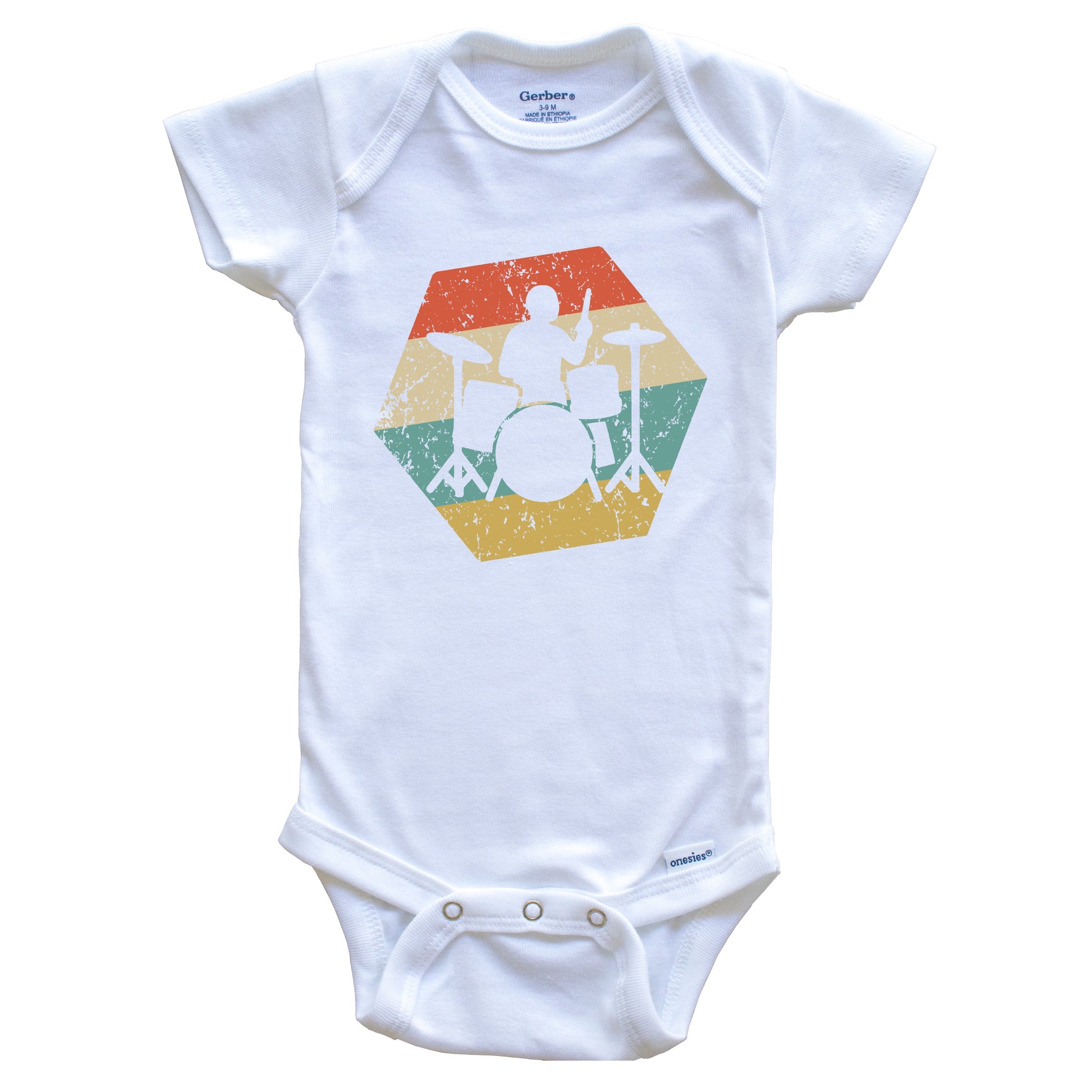 Drummer Retro Distressed Hexagon Drum Set Baby Bodysuit