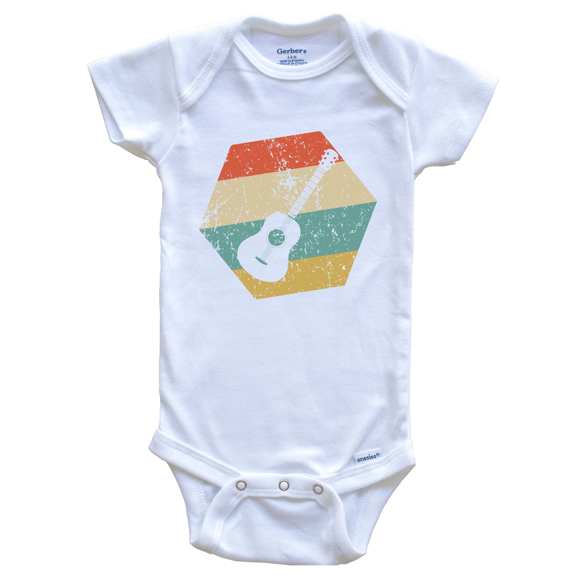 Guitar Retro Distressed Hexagon Acoustic Guitar Baby Bodysuit