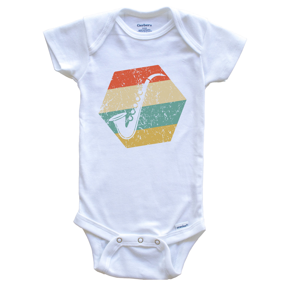 Saxophone Retro Distressed Hexagon Saxophone Baby Bodysuit