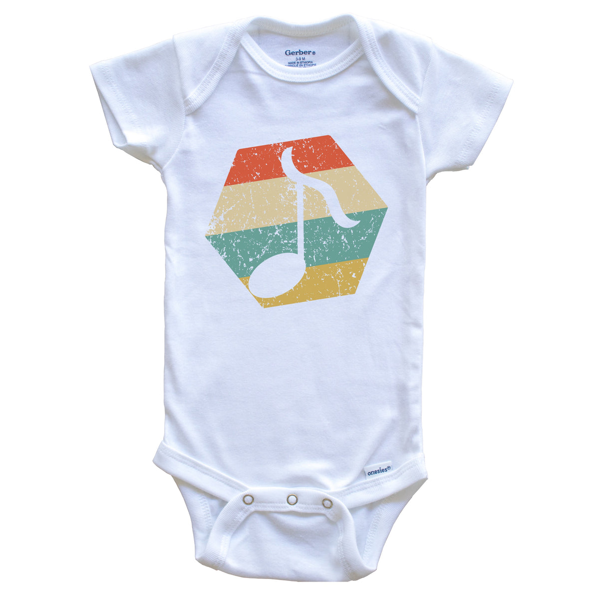 Music Note Retro Distressed Hexagon Eighth Note Baby Bodysuit
