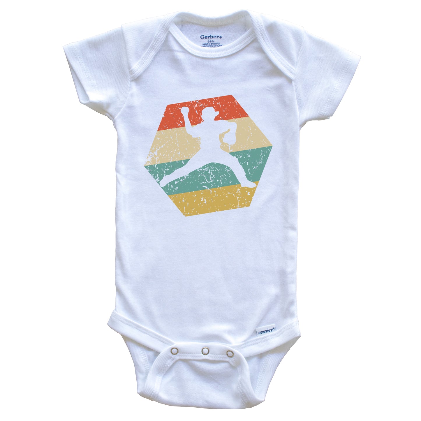 Baseball Player Retro Distressed Hexagon Pitcher Baby Bodysuit