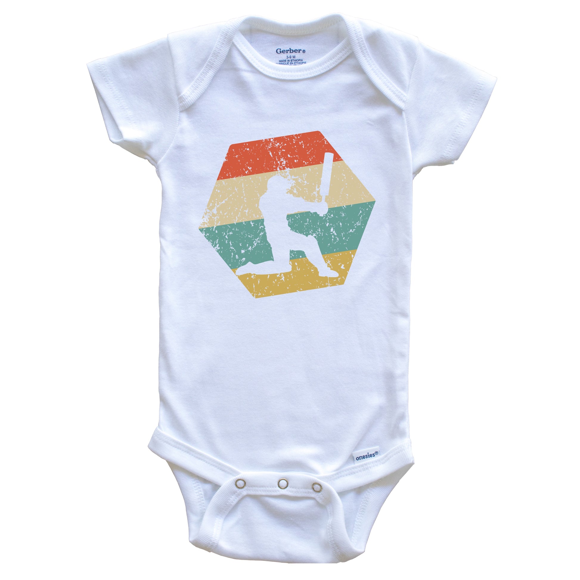 Cricket Player Retro Distressed Hexagon Cricket Batsman Baby Bodysuit