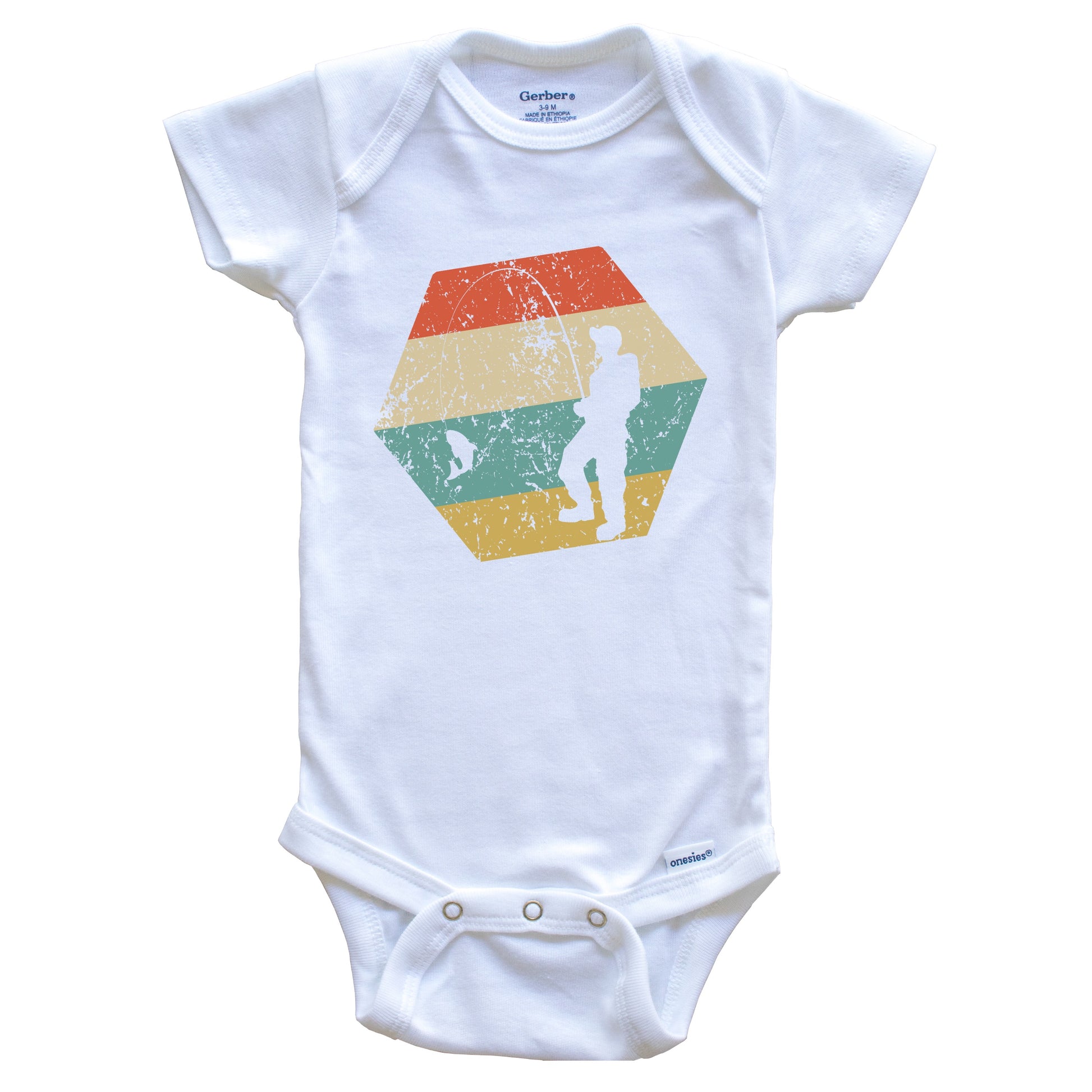 Fishing Retro Distressed Hexagon Fisherman Reeling in Fish Baby Bodysuit