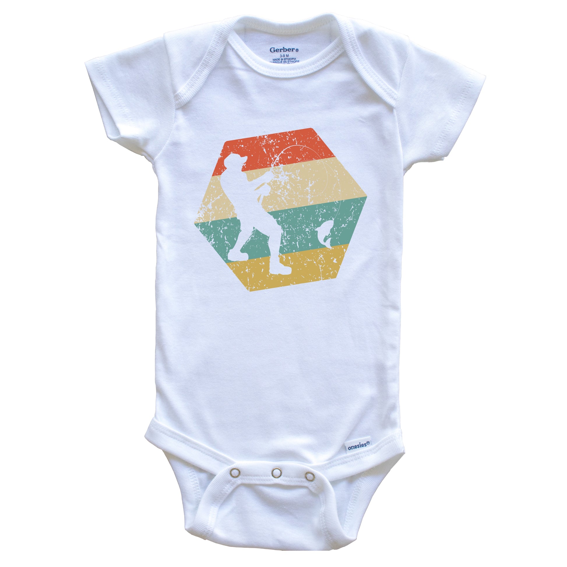 Fishing Retro Distressed Hexagon Fisherman Catching a Fish Baby Bodysuit