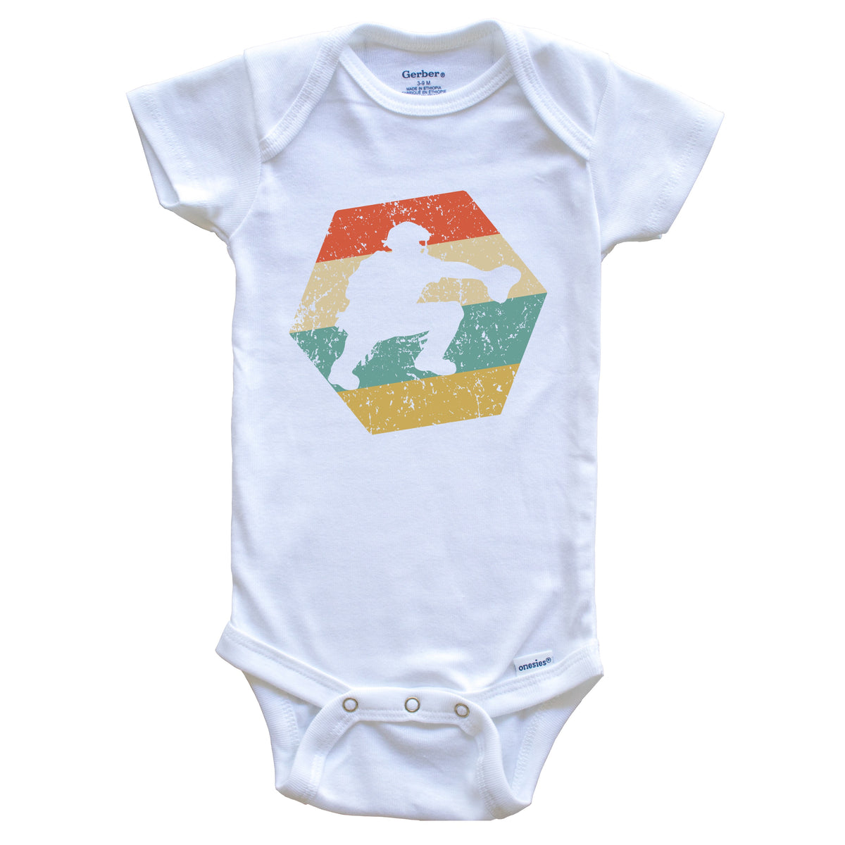 Baseball Player Retro Distressed Hexagon Catcher Baby Bodysuit