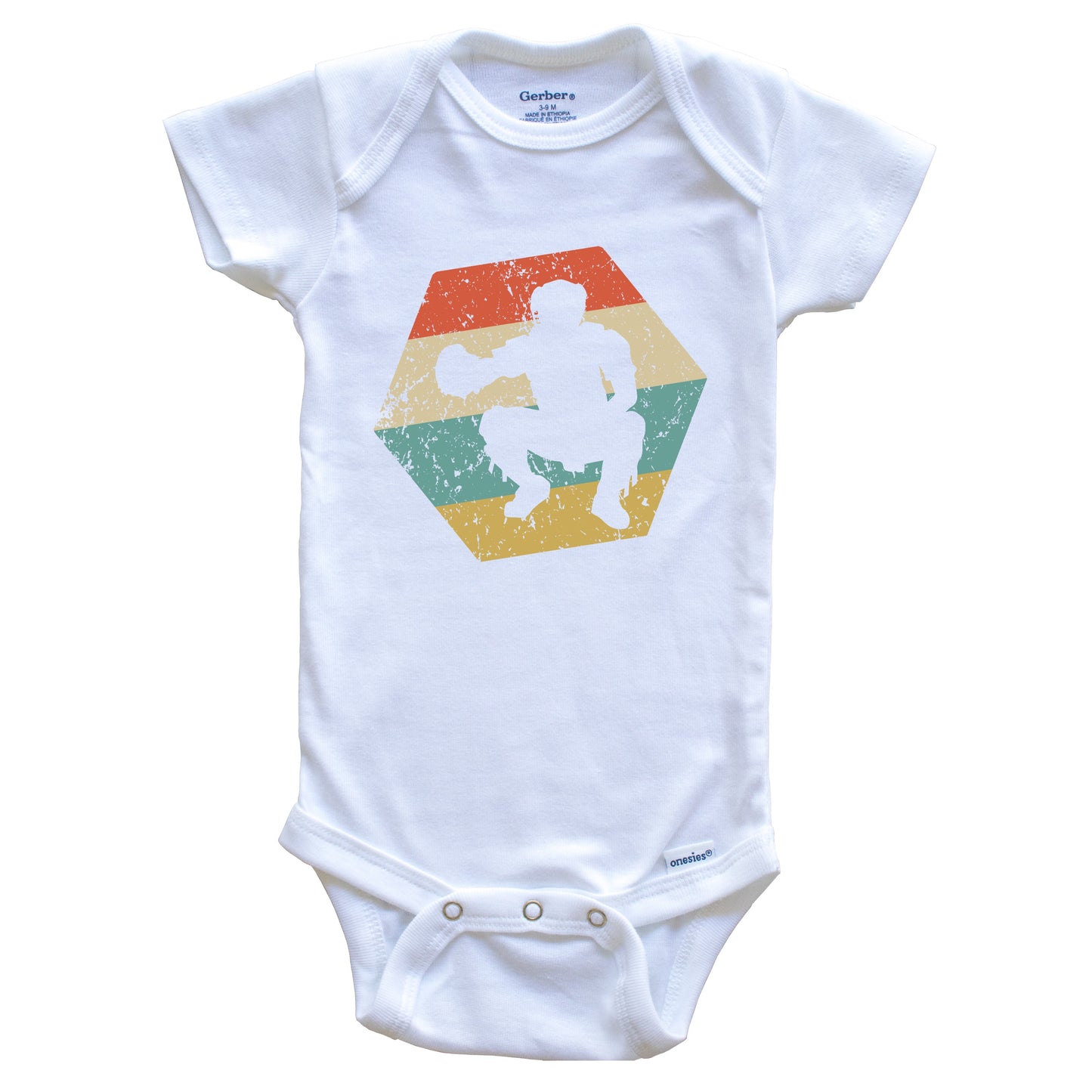 Baseball Retro Distressed Hexagon Catcher Baby Bodysuit