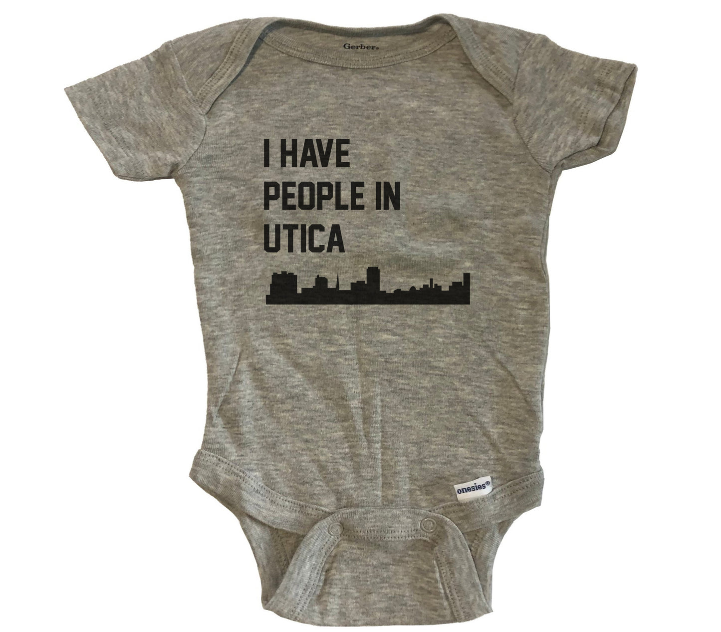 I Have People In Utica New York Skyline Baby Bodysuit - Grey