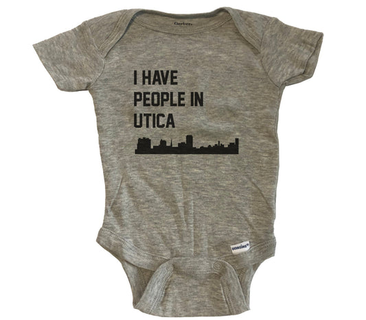 I Have People In Utica New York Skyline Baby Bodysuit - Grey