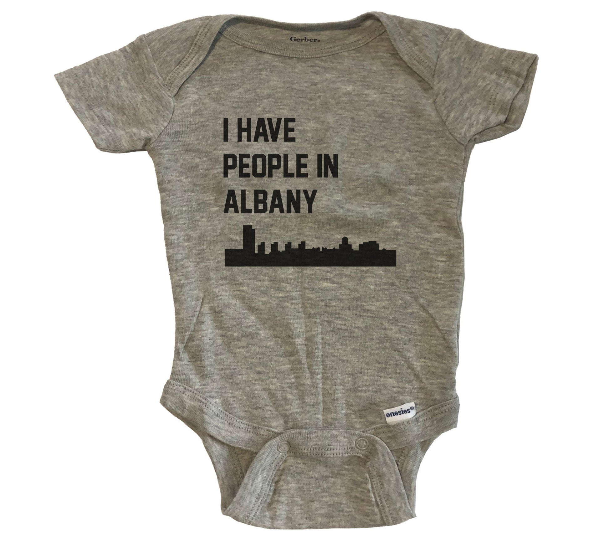 I Have People In Albany New York Skyline Baby Bodysuit - Grey