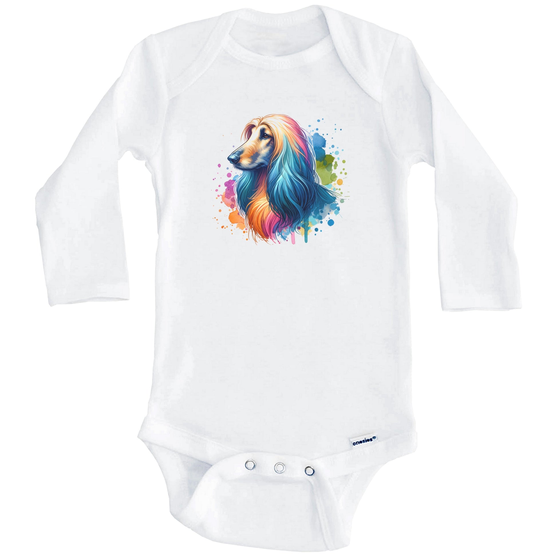 Afghan Hound Rainbow Watercolor Portrait Dog Lover Baby Bodysuit - Afghan Hound Baby Gift (Long Sleeves)