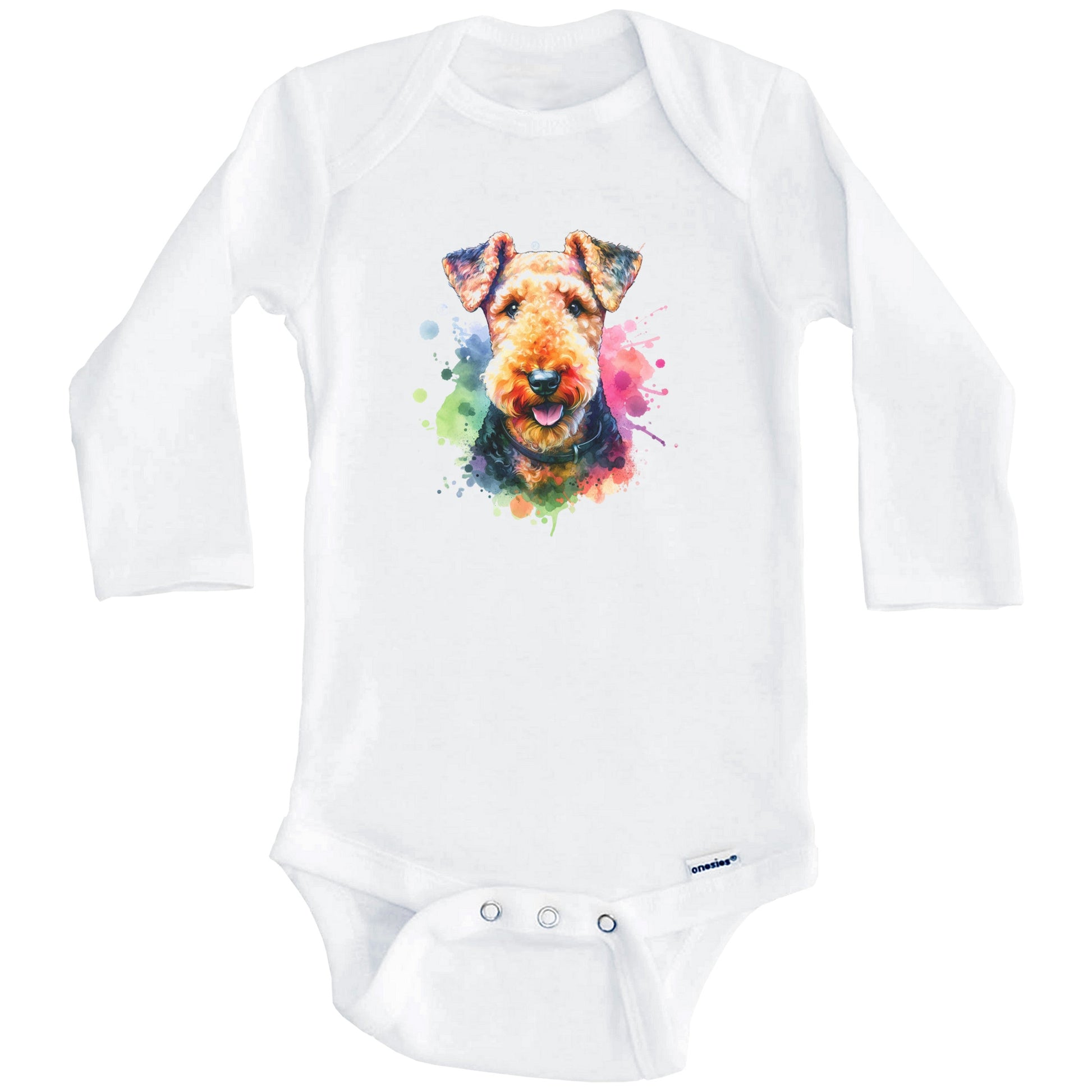 Airedale Terrier Rainbow Watercolor Portrait Dog Lover Baby Bodysuit - Airedale Baby Gift (Long Sleeves)