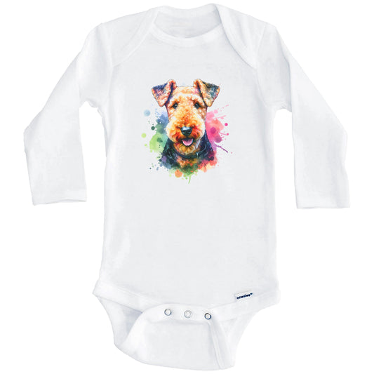 Airedale Terrier Rainbow Watercolor Portrait Dog Lover Baby Bodysuit - Airedale Baby Gift (Long Sleeves)