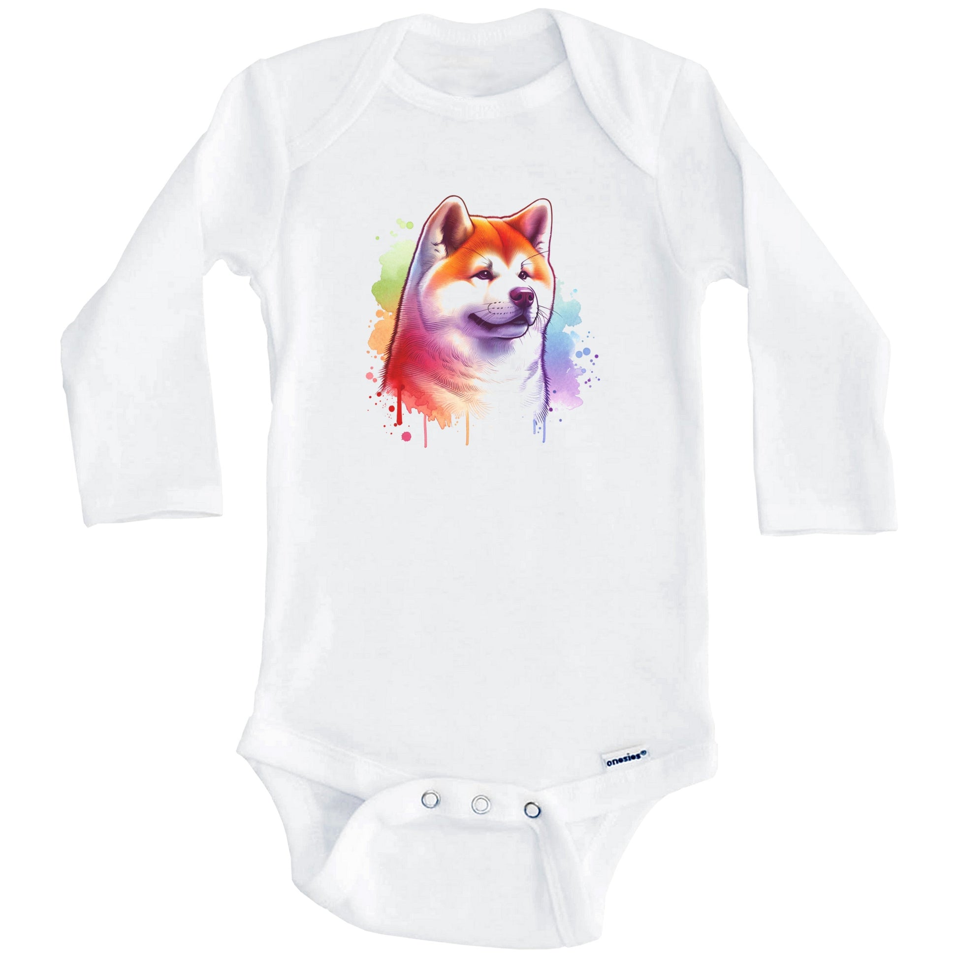 Akita Rainbow Watercolor Portrait Dog Lover Baby Bodysuit - Akita Baby Gift (Long Sleeves)