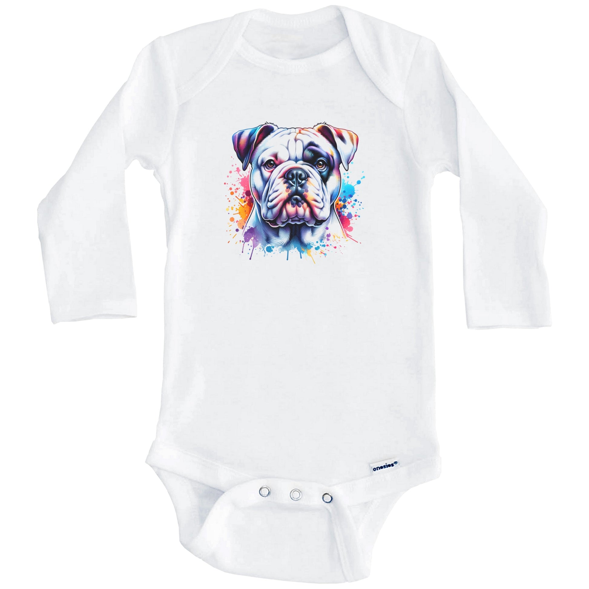 American Bulldog Rainbow Watercolor Portrait Dog Lover Baby Bodysuit - Bulldog Baby Gift (Long Sleeves)