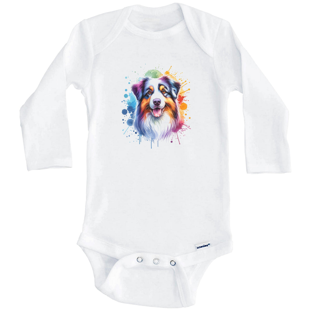 Australian Shepherd Rainbow Watercolor Portrait Dog Lover Baby Bodysuit - Australian Shepherd Baby Gift (Long Sleeves)