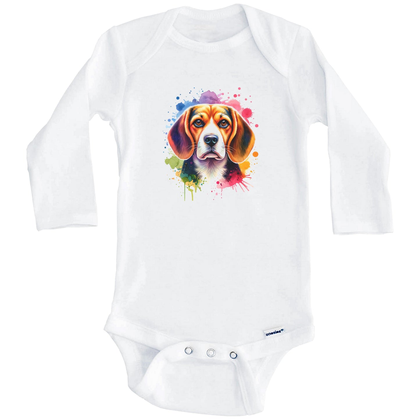 Beagle Rainbow Watercolor Portrait Dog Lover Baby Bodysuit - Beagle Baby Gift (Long Sleeves)