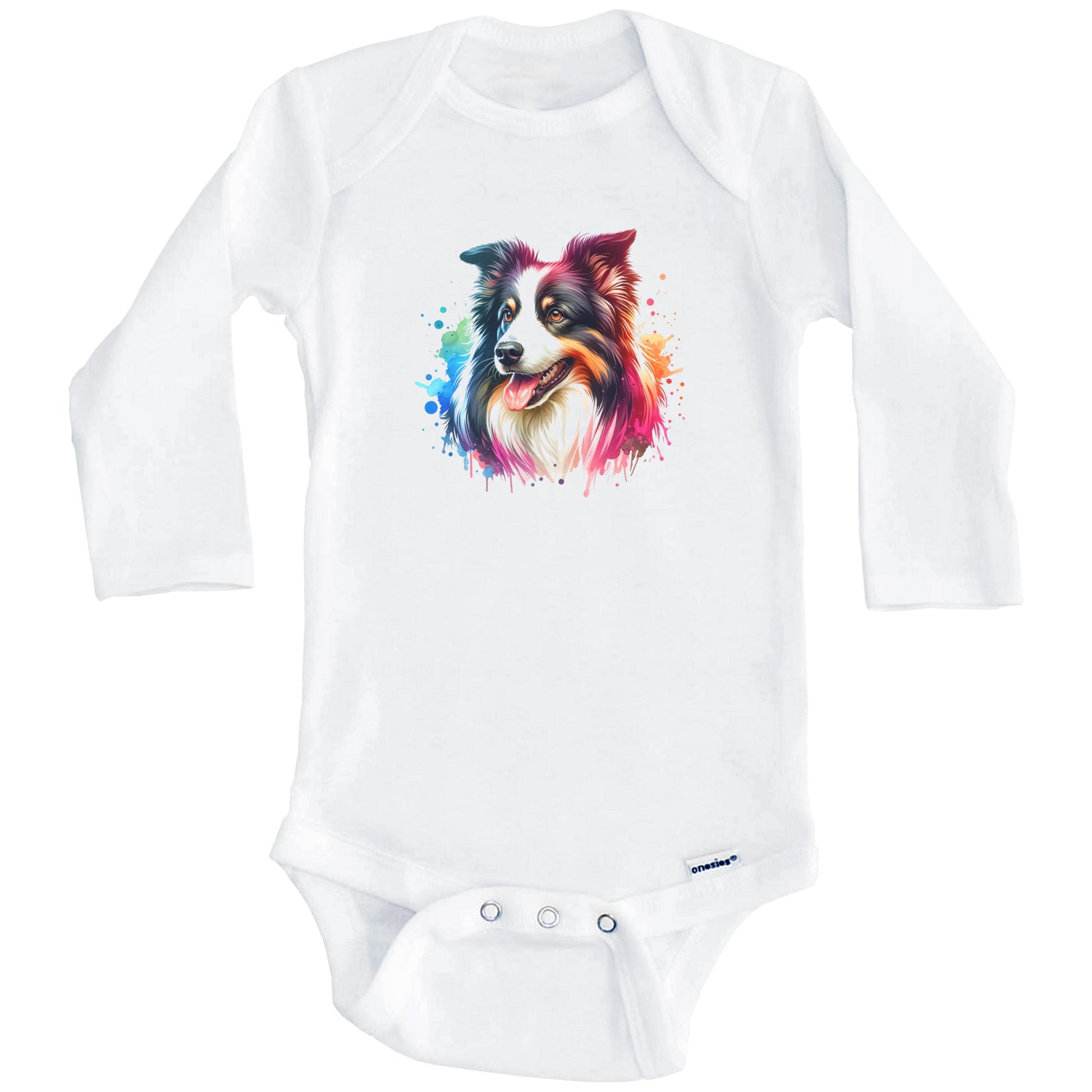 Border Collie Rainbow Watercolor Portrait Dog Lover Baby Bodysuit - Border Collie Baby Gift (Long Sleeves)