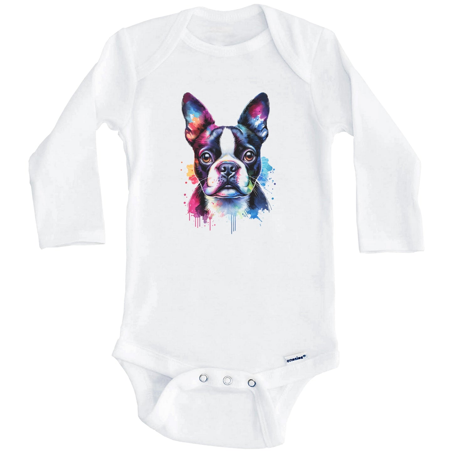 Boston Terrier Rainbow Watercolor Portrait Dog Lover Baby Bodysuit - Boston Terrier Baby Gift (Long Sleeves)