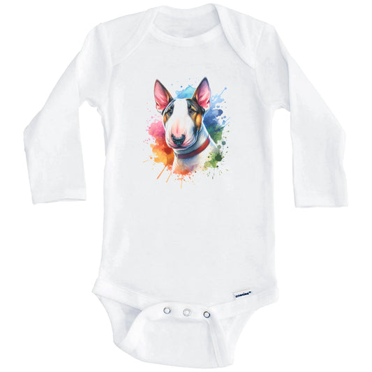 Bull Terrier Rainbow Watercolor Portrait Dog Lover Baby Bodysuit - Bull Terrier Baby Gift (Long Sleeves)