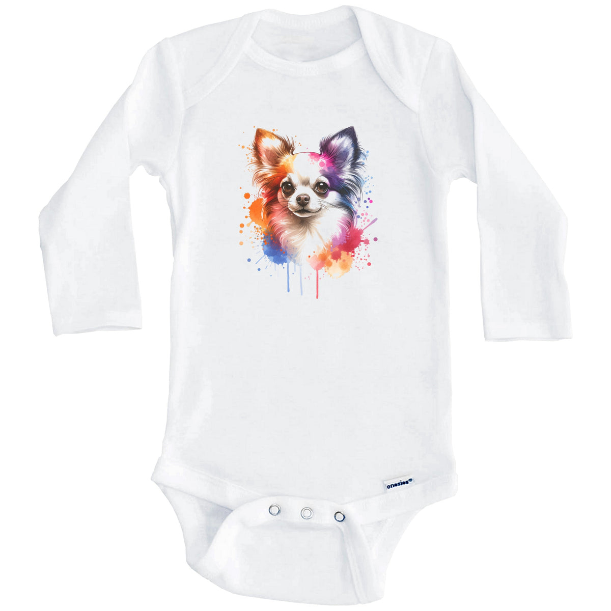 Chihuahua Rainbow Watercolor Portrait Dog Lover Baby Bodysuit - Chihuahua Baby Gift (Long Sleeves)