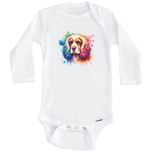 Cocker Spaniel Rainbow Watercolor Portrait Dog Lover Baby Bodysuit - Cocker Spaniel Baby Gift (Long Sleeves)