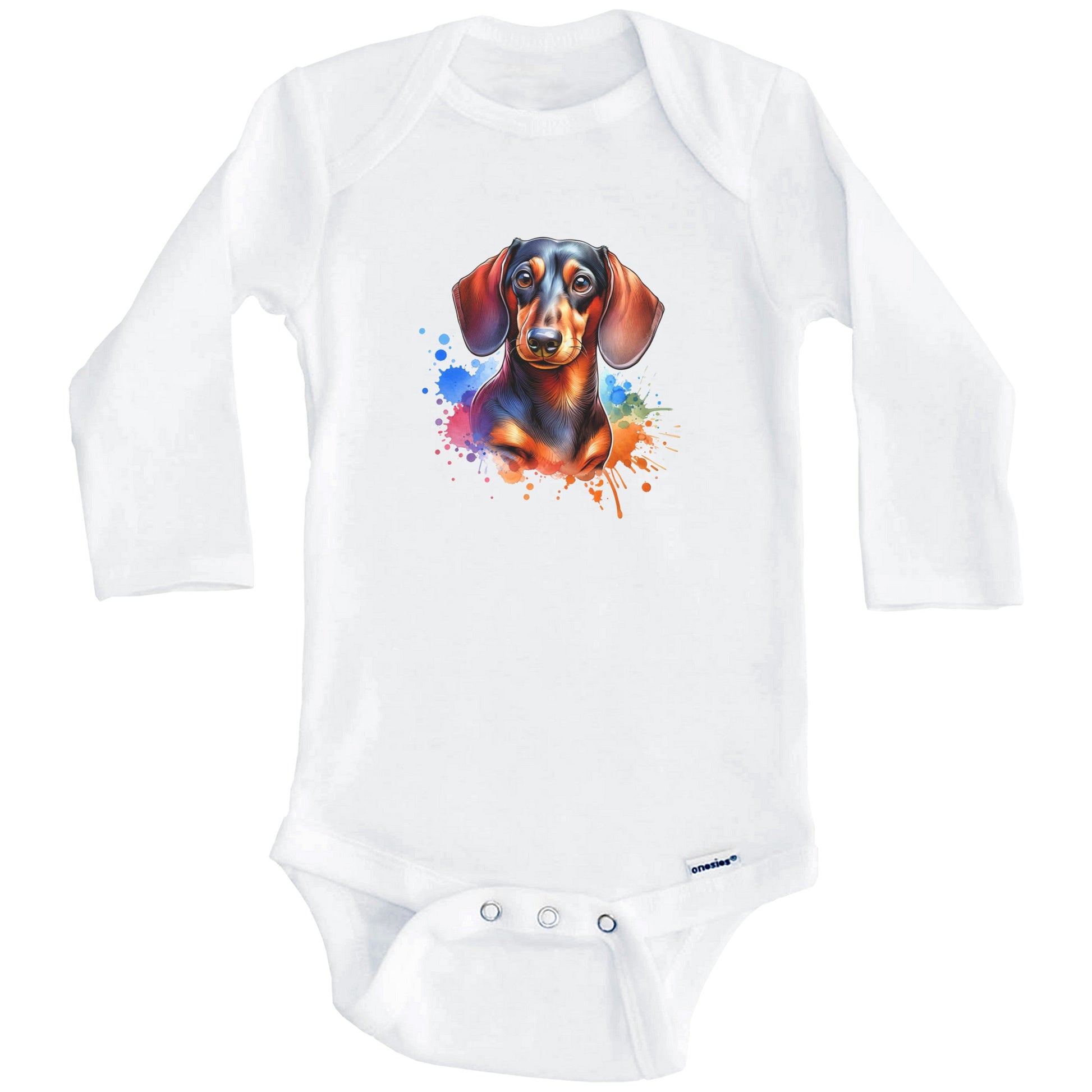 Dachshund Rainbow Watercolor Portrait Dog Lover Baby Bodysuit - Doxen Baby Gift (Long Sleeves)