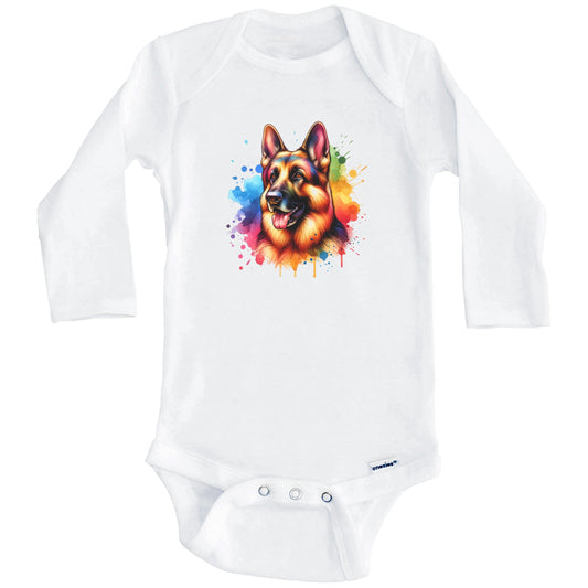 German Shepherd Rainbow Watercolor Portrait Dog Lover Baby Bodysuit - German Shepherd Baby Gift (Long Sleeves)