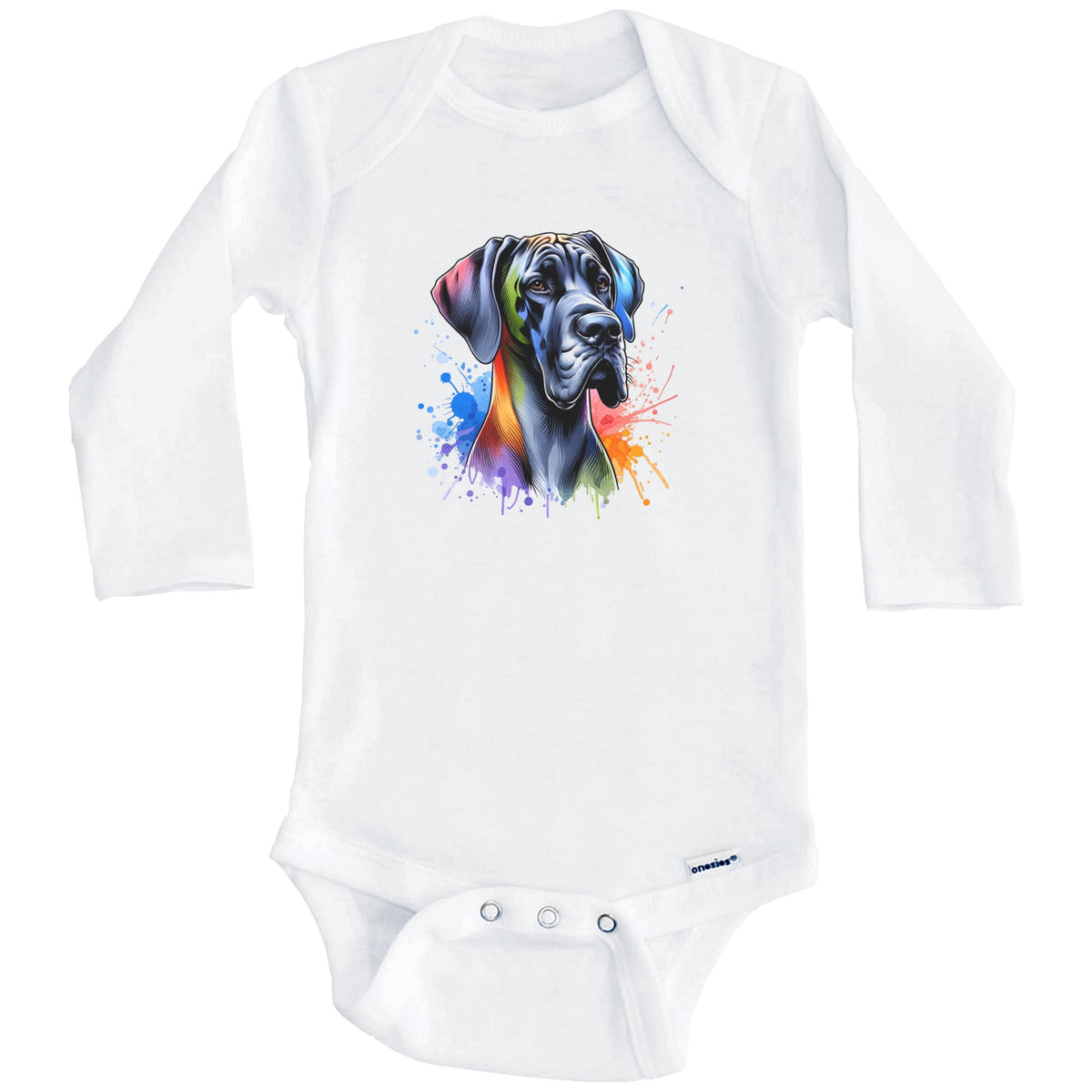 Great Dane Rainbow Watercolor Portrait Dog Lover Baby Bodysuit - Great Dane Baby Gift (Long Sleeves)