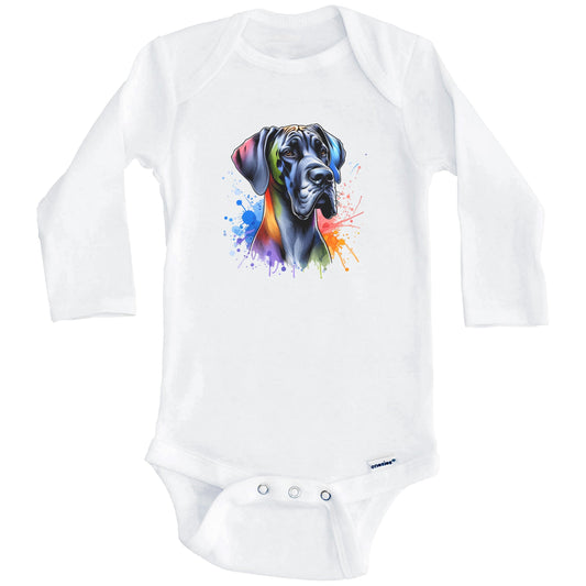 Great Dane Rainbow Watercolor Portrait Dog Lover Baby Bodysuit - Great Dane Baby Gift (Long Sleeves)