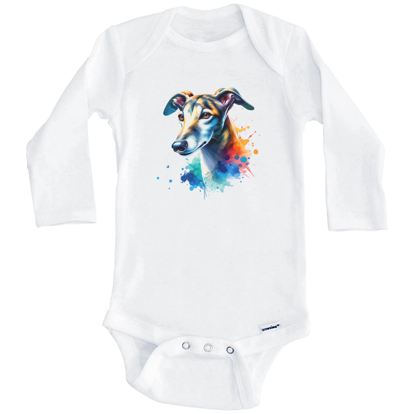 Greyhound Rainbow Watercolor Portrait Dog Lover Baby Bodysuit - Greyhound Baby Gift (Long Sleeves)
