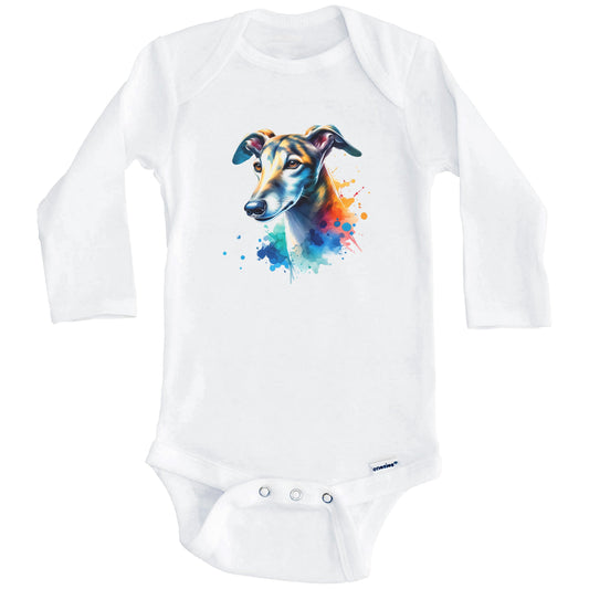 Greyhound Rainbow Watercolor Portrait Dog Lover Baby Bodysuit - Greyhound Baby Gift (Long Sleeves)