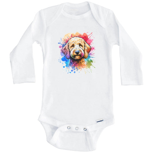Labradoodle Rainbow Watercolor Portrait Dog Lover Baby Bodysuit - Labradoodle Baby Gift (Long Sleeves)