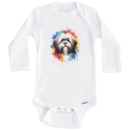 Lhasa Apso Rainbow Watercolor Portrait Dog Lover Baby Bodysuit - Lhasa Apso Baby Gift (Long Sleeves)