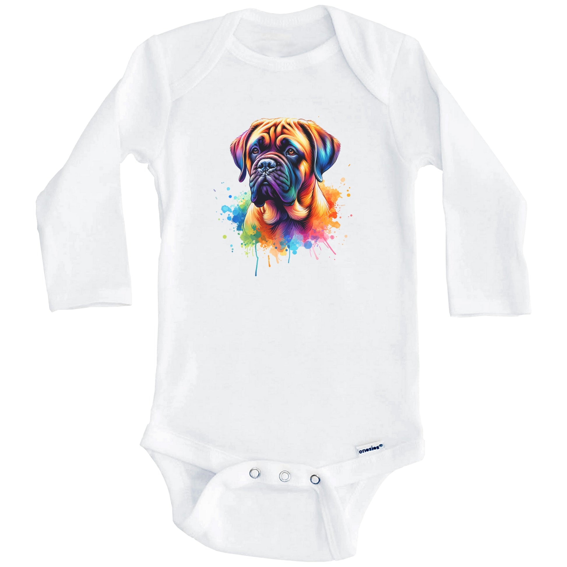 Mastiff Rainbow Watercolor Portrait Dog Lover Baby Bodysuit - Mastiff Baby Gift (Long Sleeves)