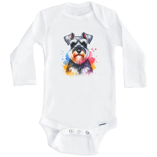 Miniature Schnauzer Rainbow Watercolor Portrait Dog Lover Baby Bodysuit - Miniature Schnauzer Baby Gift (Long Sleeves)