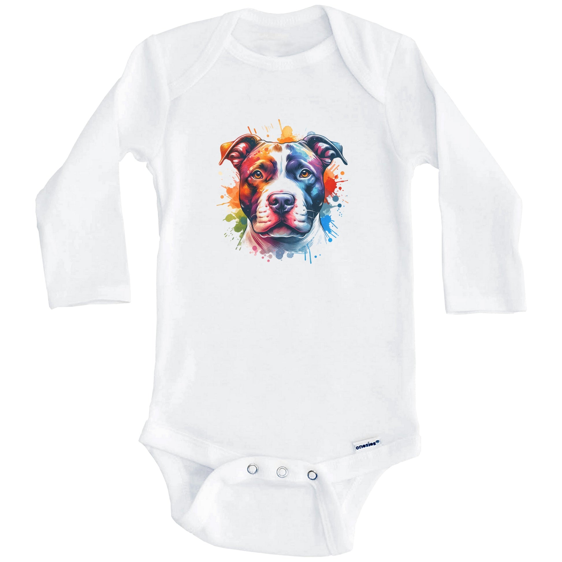 Pit Bull Rainbow Watercolor Portrait Dog Lover Baby Bodysuit - Pit Bull Terrier Baby Gift (Long Sleeves)