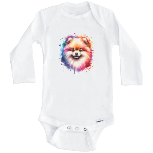 Pomeranian Rainbow Watercolor Portrait Dog Lover Baby Bodysuit - Pomeranian Baby Gift (Long Sleeves)