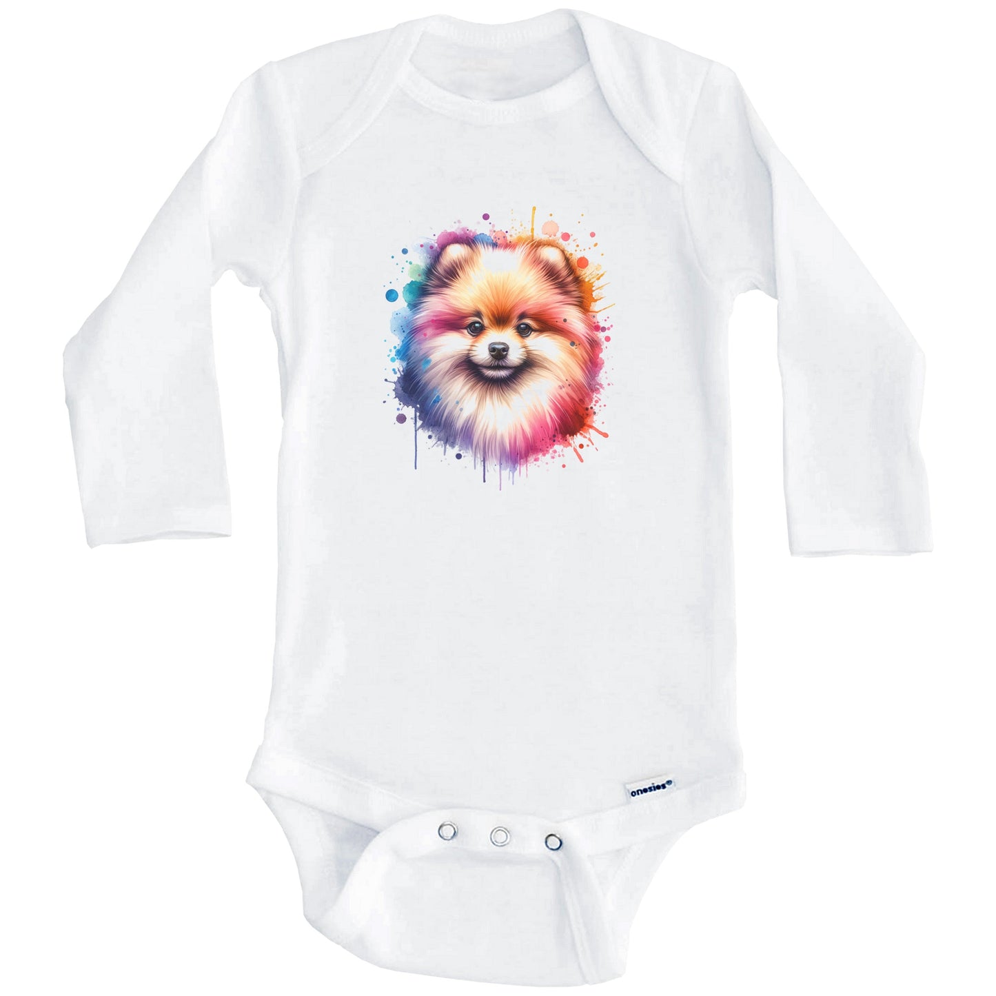 Pomeranian Rainbow Watercolor Portrait Dog Lover Baby Bodysuit - Pomeranian Baby Gift (Long Sleeves)