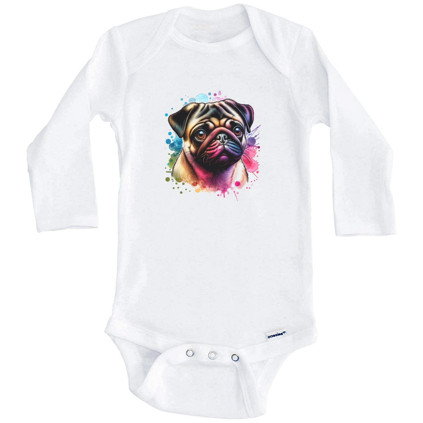 Pug Rainbow Watercolor Portrait Dog Lover Baby Bodysuit - Pug Baby Gift (Long Sleeves)